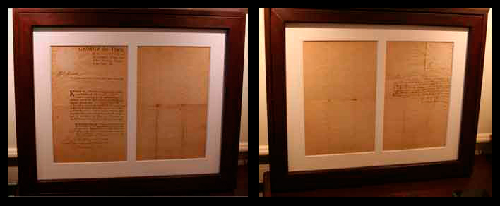 Royal Commission to become Coroner from colonial era Massachusetts circa 1772 in a reversible frame.