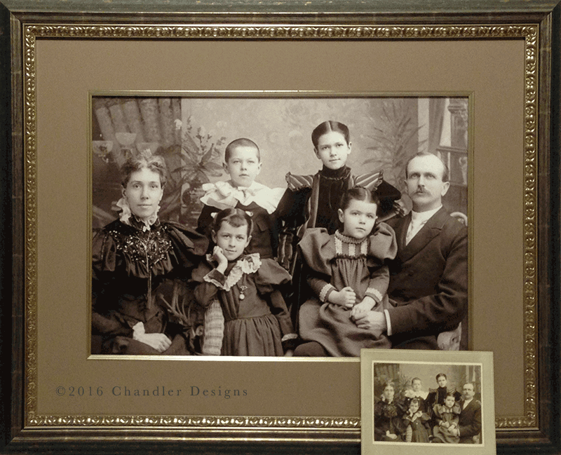 Heirloom family portrait digitally restored, enlarged to 16 x 20 and archival print made by Chandler Designs.