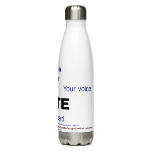 Tiny Planet "Make A Plan To Vote" Water Bottle Designed by Dorothea Mordan. Sold by Chandler Designs